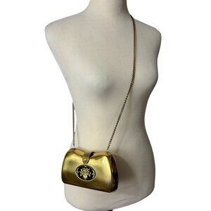 Goldtone Small Metal Pillow Bag Purse with Chain Handle Black Gold Floral Emblem